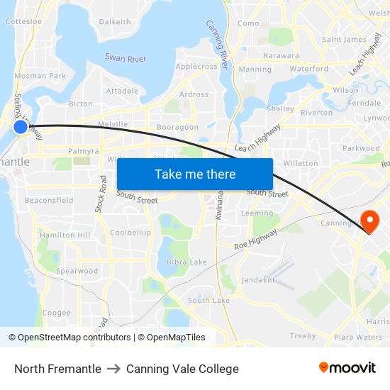 North Fremantle to Canning Vale College map