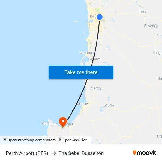 Perth Airport (PER) to The Sebel Busselton map