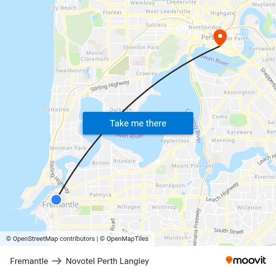 Fremantle to Novotel Perth Langley map