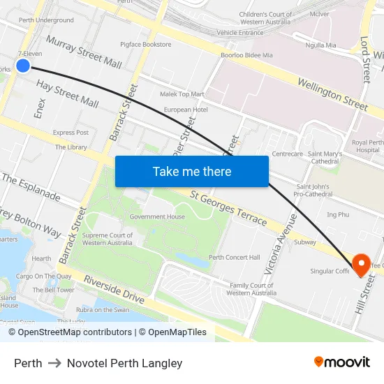 Perth to Novotel Perth Langley map