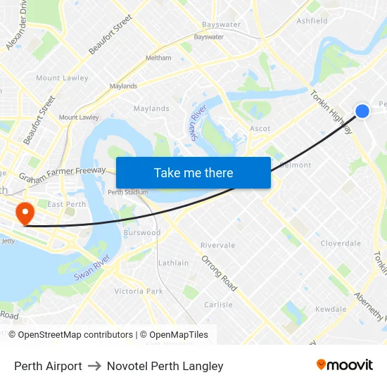 Perth Airport to Novotel Perth Langley map