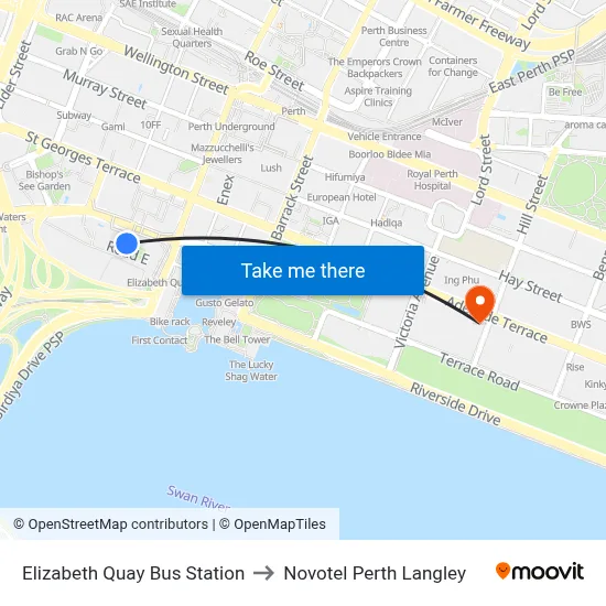 Elizabeth Quay Bus Station to Novotel Perth Langley map