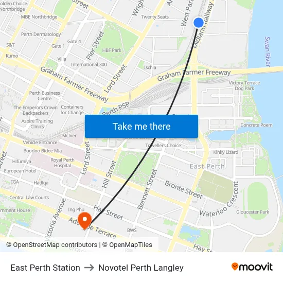 East Perth Station to Novotel Perth Langley map