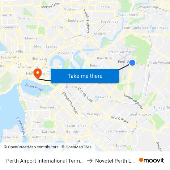 Perth Airport International Terminal T1 T2 to Novotel Perth Langley map
