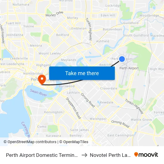 Perth Airport Domestic Terminal T3 T4 to Novotel Perth Langley map