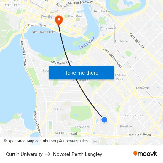 Curtin University to Novotel Perth Langley map