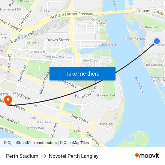 Perth Stadium to Novotel Perth Langley map