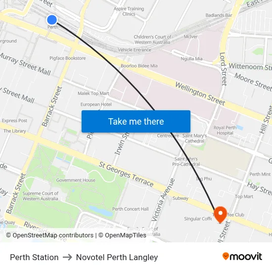 Perth Station to Novotel Perth Langley map