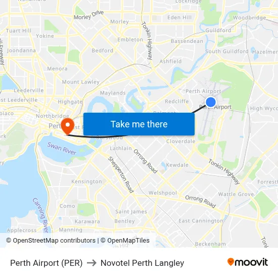 Perth Airport (PER) to Novotel Perth Langley map