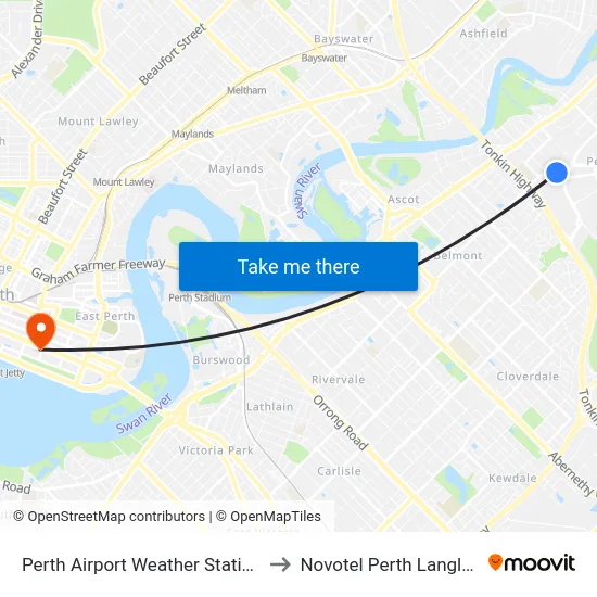 Perth Airport Weather Station to Novotel Perth Langley map