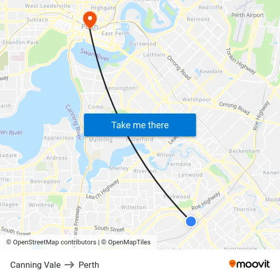 Canning Vale to Perth map