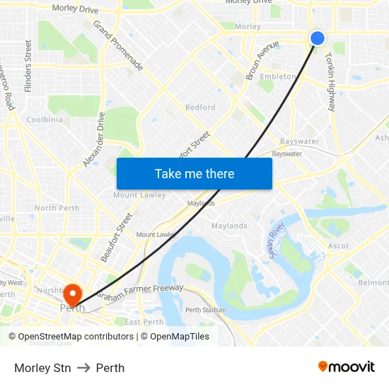 Morley Stn to Perth map
