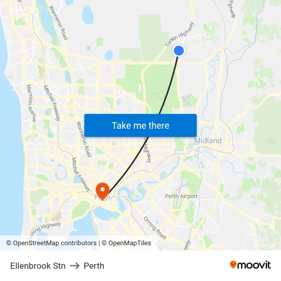 Ellenbrook Stn to Perth map