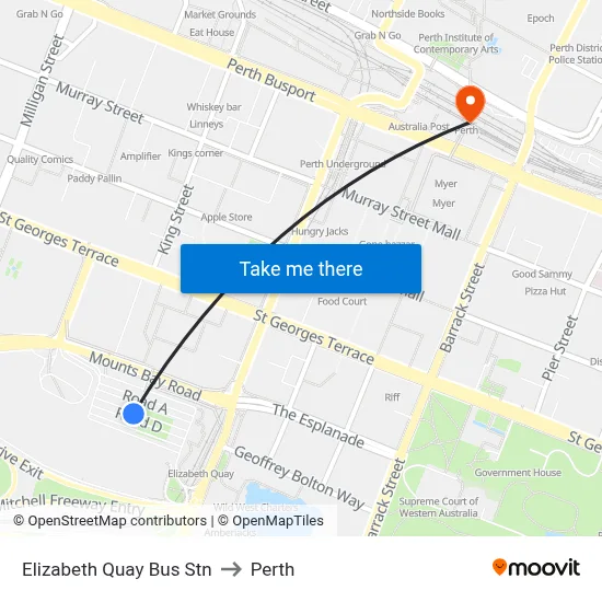Elizabeth Quay Bus Stn to Perth map