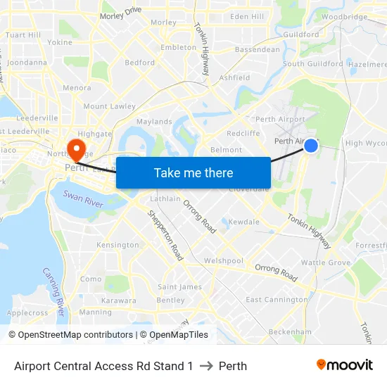 Airport Central Access Rd Stand 1 to Perth map