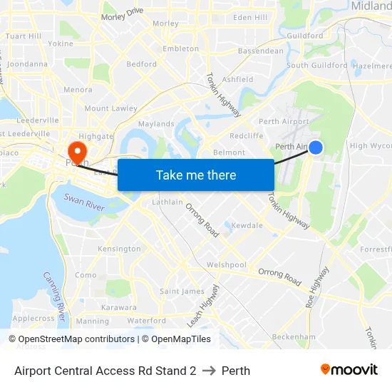 Airport Central Access Rd Stand 2 to Perth map