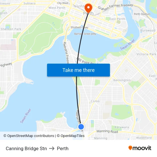 Canning Bridge Stn to Perth map