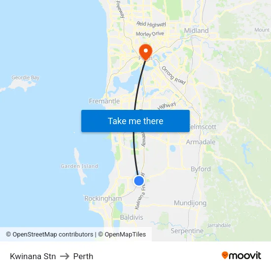 Kwinana Stn to Perth map
