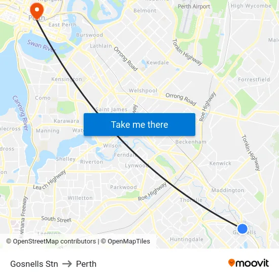 Gosnells Stn to Perth map