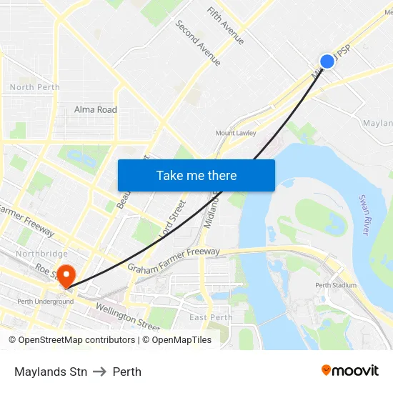 Maylands Stn to Perth map