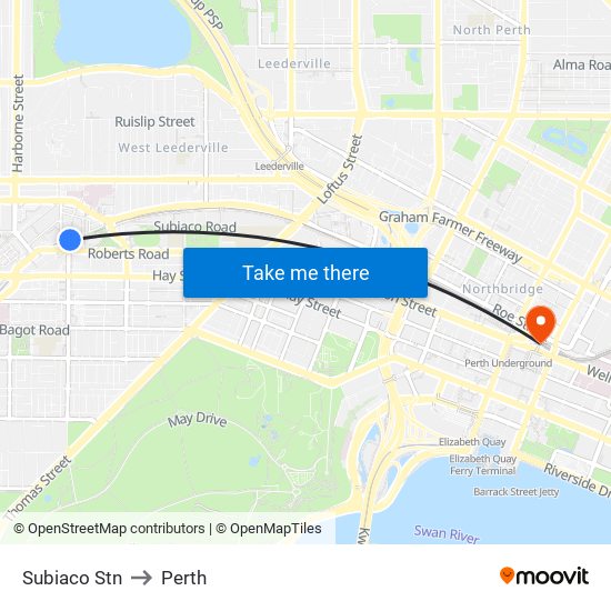 Subiaco Stn to Perth map