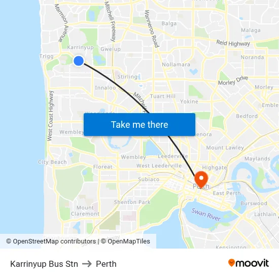 Karrinyup Bus Stn to Perth map
