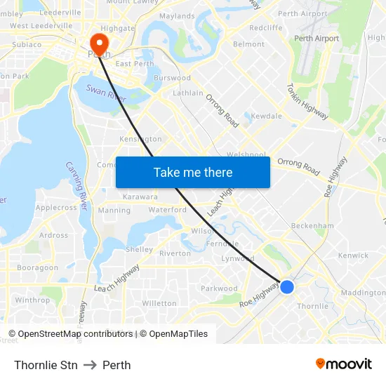 Thornlie Stn to Perth map