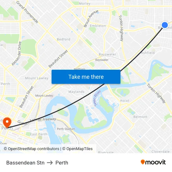 Bassendean Stn to Perth map