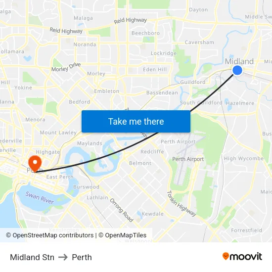 Midland Stn to Perth map