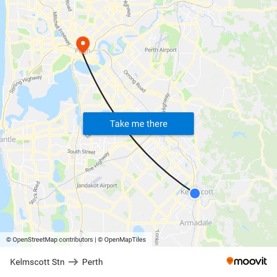 Kelmscott Stn to Perth map