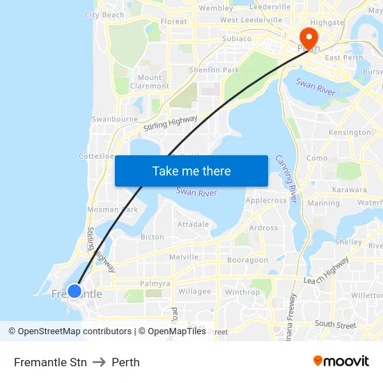 Fremantle Stn to Perth map
