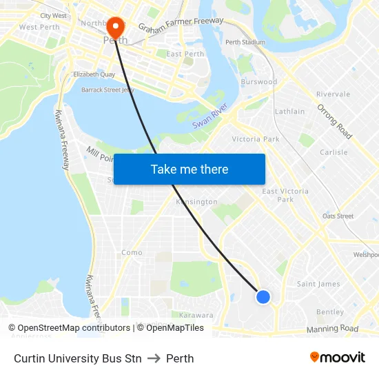 Curtin University Bus Stn to Perth map