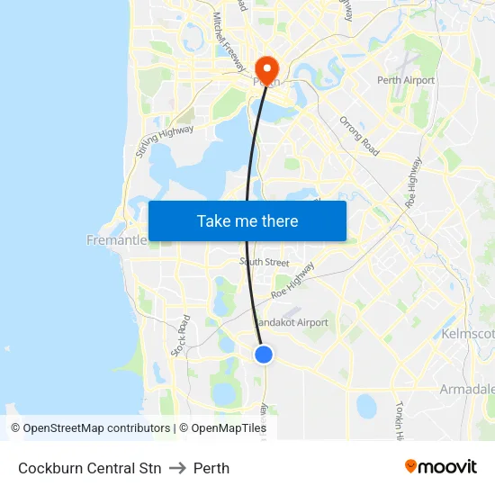Cockburn Central Stn to Perth map
