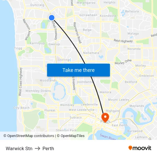 Warwick Stn to Perth map