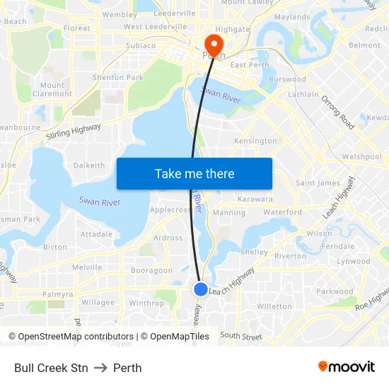 Bull Creek Stn to Perth map