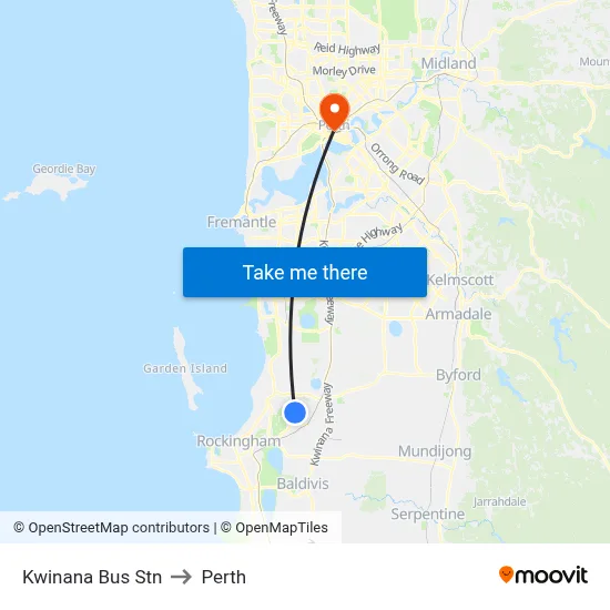 Kwinana Bus Stn to Perth map