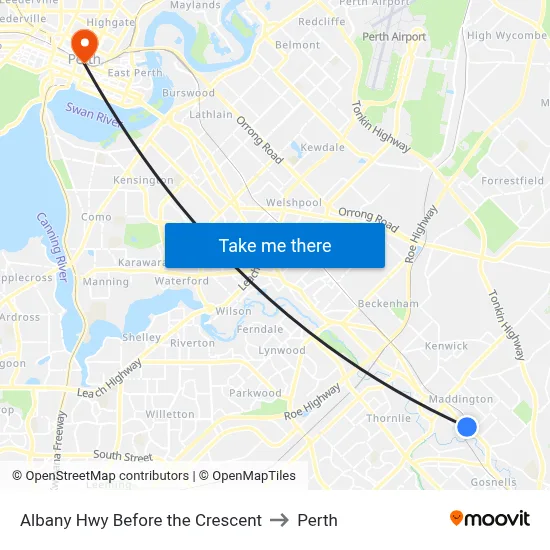 Albany Hwy Before the Crescent to Perth map