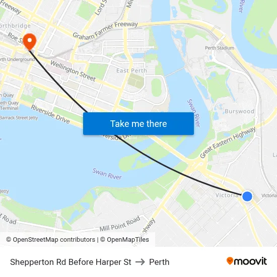 Shepperton Rd Before Harper St to Perth map