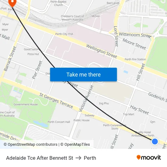 Adelaide Tce After Bennett St to Perth map