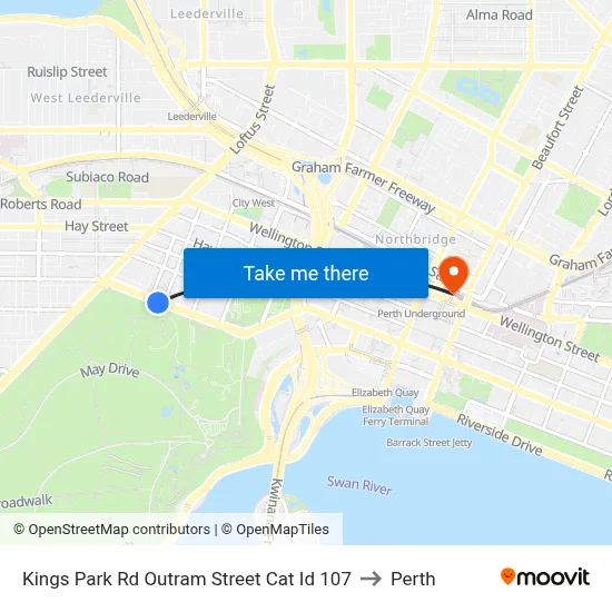 Kings Park Rd Outram Street Cat Id 107 to Perth map