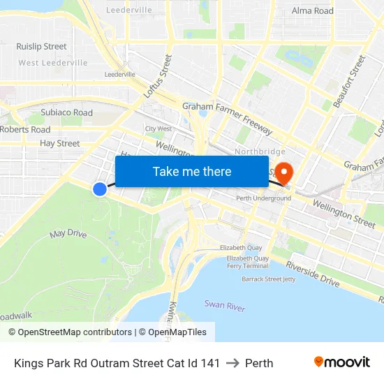 Kings Park Rd Outram Street Cat Id 141 to Perth map