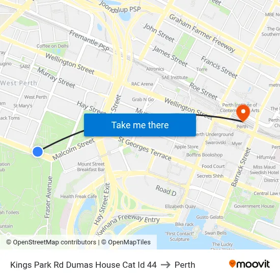 Kings Park Rd Dumas House Cat Id 44 to Perth map