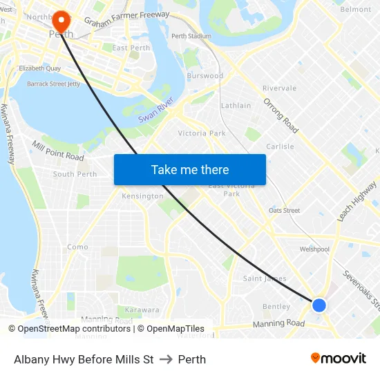 Albany Hwy Before Mills St to Perth map