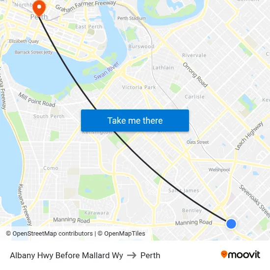 Albany Hwy Before Mallard Wy to Perth map
