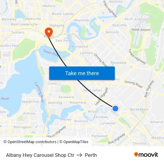 Albany Hwy Carousel Shop Ctr to Perth map