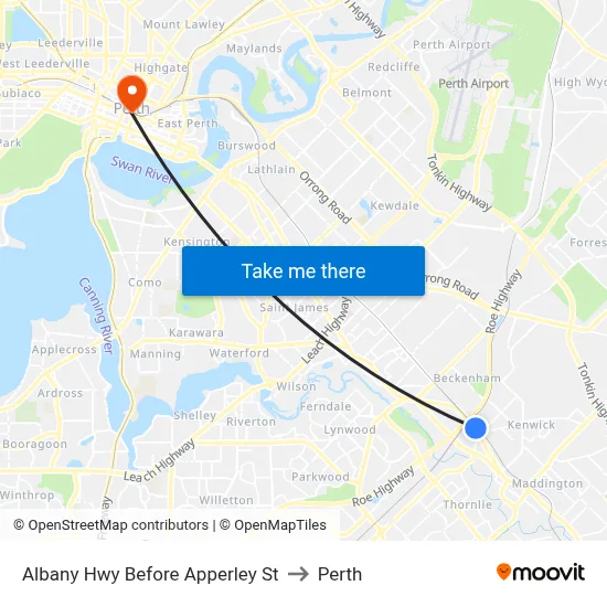 Albany Hwy Before Apperley St to Perth map