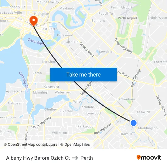 Albany Hwy Before Ozich Ct to Perth map