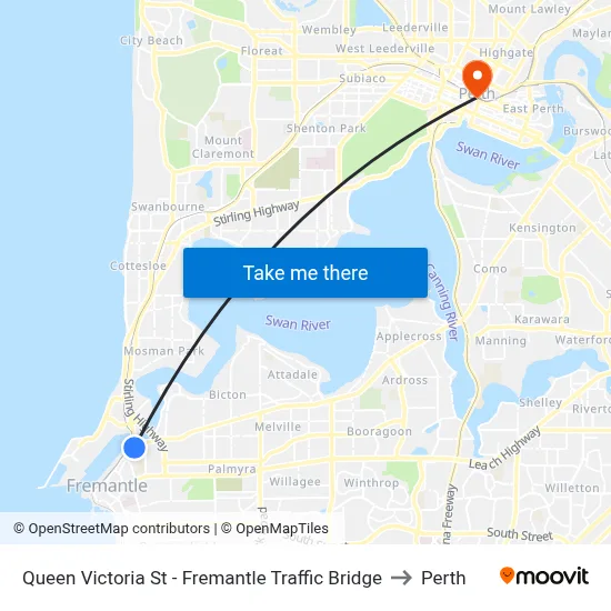 Queen Victoria St - Fremantle Traffic Bridge to Perth map