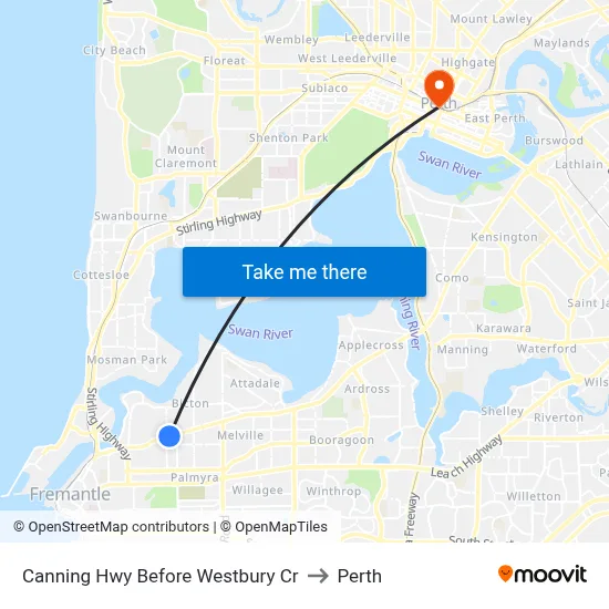 Canning Hwy Before Westbury Cr to Perth map