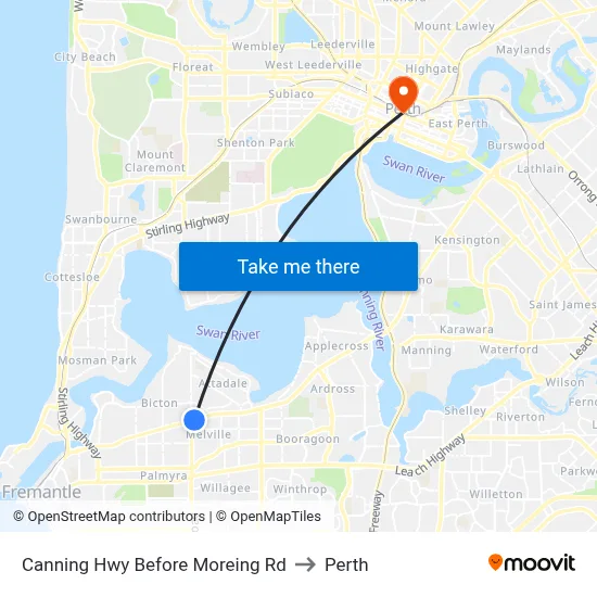 Canning Hwy Before Moreing Rd to Perth map